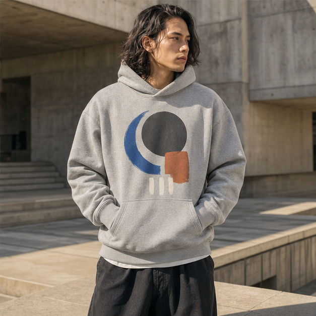 Model wearing Wear the Moment Grey hoodie in a concrete plaza
