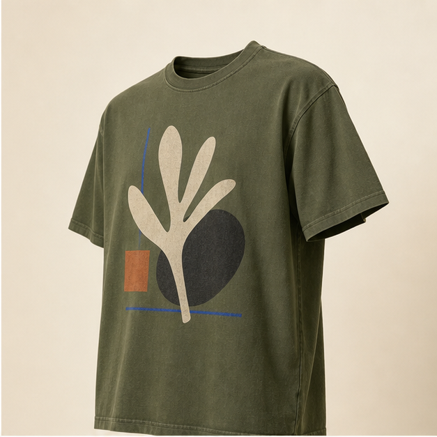 Three-quarter view of Wild Form Moss graphic tee