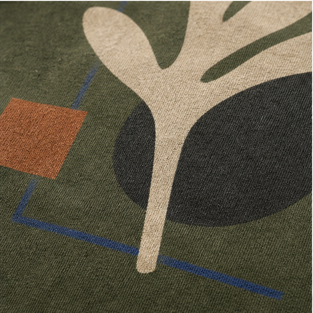 Close-up of Moss cotton fibers and matte Wild Form print