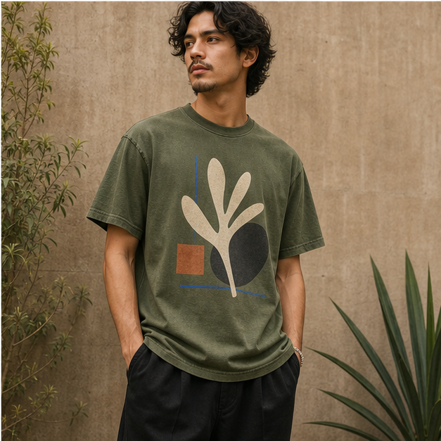 Model wearing Wild Form Moss tee in an architectural garden