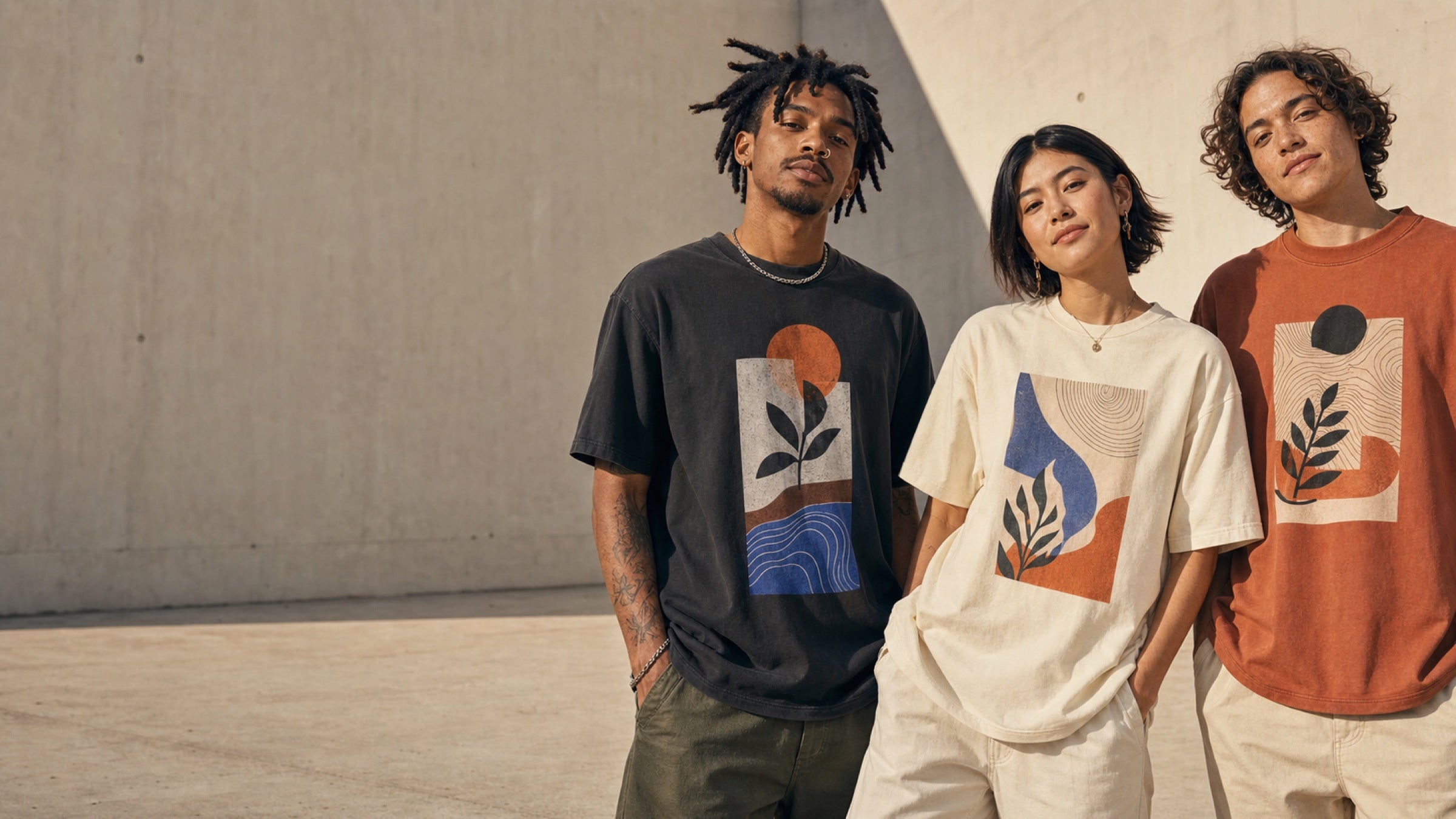 Friends wearing original graphic T-shirts